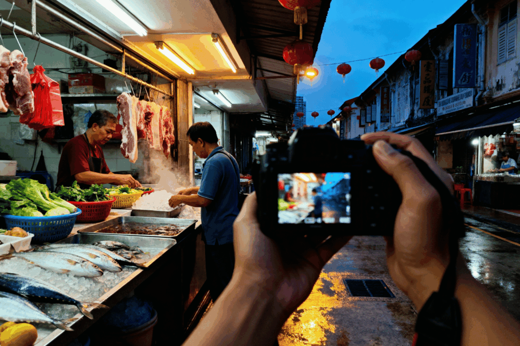 Evening street market at Singapore’s Chinatown Complex, where a meat and fish vendor works under warm stall lights as steam rises from a cooking pot. Fresh vegetables, fish on ice, and hanging cuts of meat frame the scene, while red lanterns glow against the twilight sky. In the foreground, a photographer captures the moment through a camera screen, with rain‑slicked streets reflecting the festive lights, evoking the cinematic energy of this award‑winning market series.