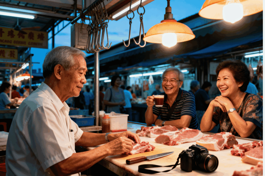 Inside Singapore’s Chinatown Complex Market at night, three older adults gather around a butcher’s stall, where raw cuts of meat cover the table. The vendor in a white shirt works with a knife while the other two smile and share conversation over small glasses of tea. A camera rests on the table beside the meat, blurring the line between daily ritual and documentation. Warm hanging lamps illuminate the bustling market, capturing the communal spirit and candid intimacy at the heart of this award‑winning street photography series.