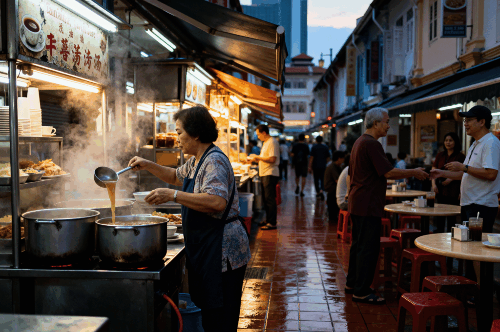 Bustling evening street food market at Singapore’s Chinatown Complex, where a woman in an apron serves steaming soup from a large pot as diners gather at red plastic tables. Rising steam mingles with the glow of hanging lights, while wet pavement reflects the colorful facades and shuttered windows of traditional shophouses. The narrow street hums with conversation, food, and movement, capturing the communal vibrancy and sensory richness central to this award‑winning street photography series.