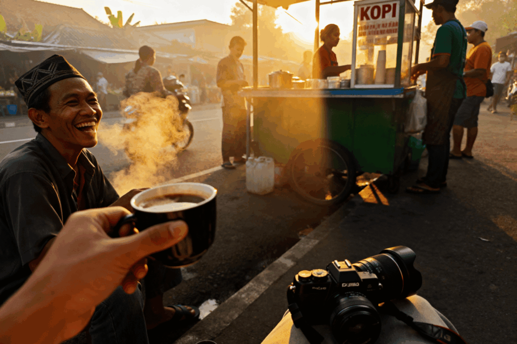 Golden morning light spills across a Chinatown street in Singapore, where a vendor’s “KOPI” cart draws a small crowd. In the foreground, a hand cradles a steaming cup of coffee, its vapor rising into the sunlit air. Nearby, a smiling man in a traditional hat enjoys the moment, while a camera with a large lens rests on the ground, hinting at the act of documentation. Motorbikes and passersby animate the background, capturing the warmth, ritual, and everyday poetry of street life that defines this award‑winning market series.