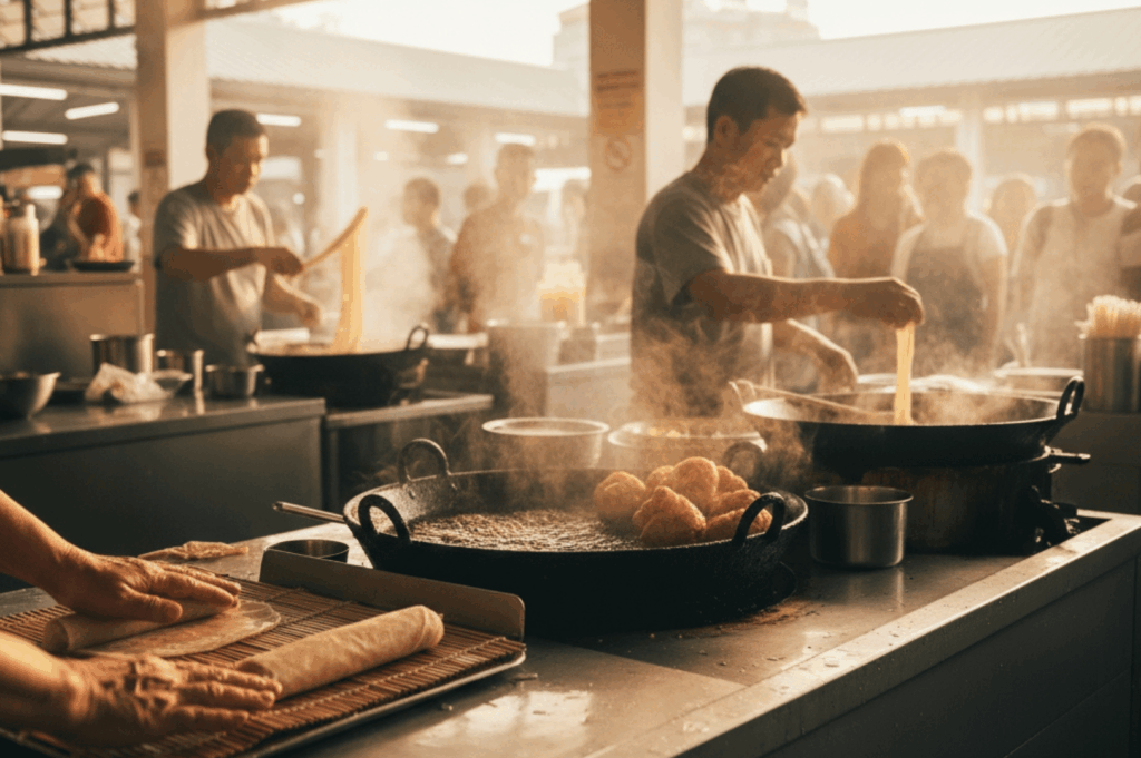 Crowded hawker stall alive with motion—hands rolling dough, frying golden pastries, and stretching noodles amid rising steam and eager onlookers; a vivid snapshot of communal craftsmanship and vanishing culinary traditions in a bustling Asian market.