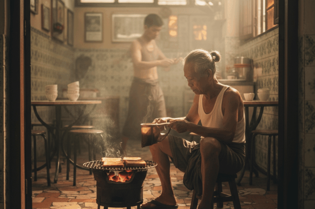 Elderly cook seated low over a glowing charcoal grill in a tiled kitchen, ladling food with quiet focus as smoke curls upward; a younger helper stands nearby, surrounded by ceramic bowls and soft natural light—capturing the intergenerational rhythm and fading rituals of traditional home-style hawker cooking.