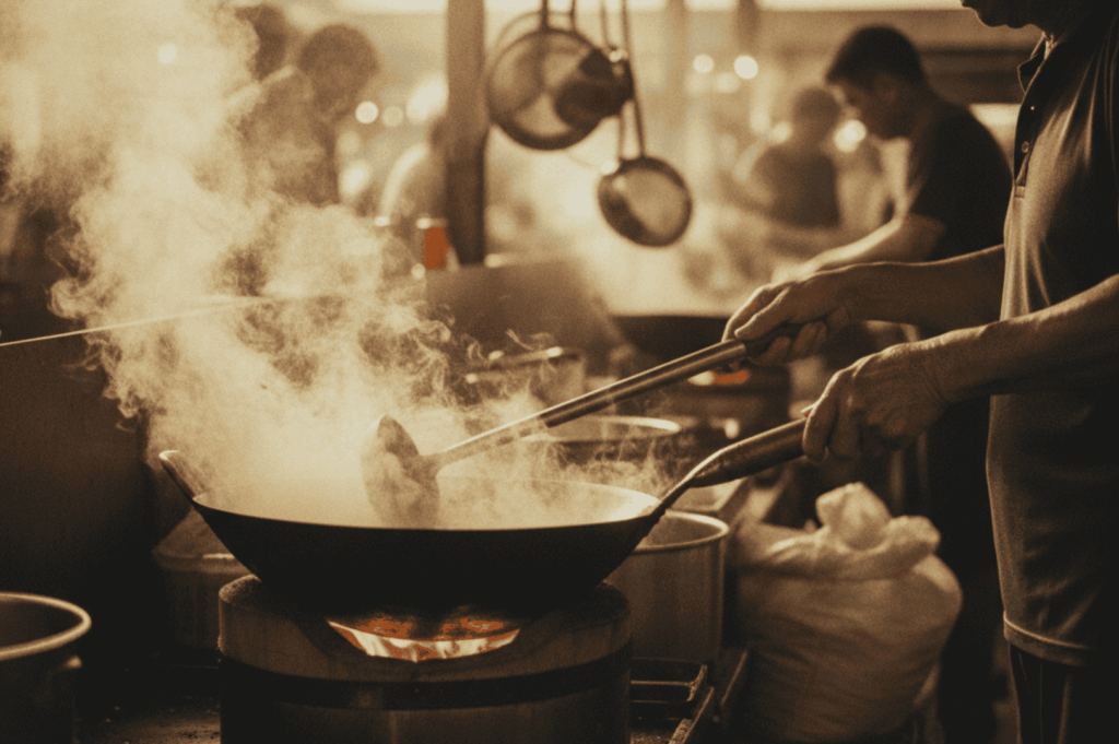 Street food cook wielding dual utensils over a roaring wok flame in a smoky, high-pressure kitchen; steam billows as others prep in the background, evoking the raw energy, coordination, and disappearing mastery of traditional hawker cooking.