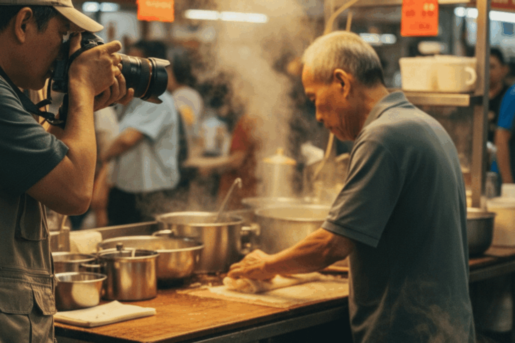 Street food vendor shaping dough at a steamy market stall, surrounded by metal pots and red signage, as a photographer documents the scene; the image pulses with culinary craftsmanship, public curiosity, and the urgency to preserve fading hawker traditions.