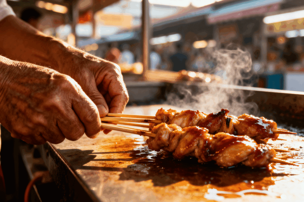 Hands tending skewered chicken over a sizzling flat-top grill at a bustling Singapore night market. Glazed meat steams and crackles under high heat, releasing a savory haze into the humid air. The blurred backdrop hints at a vibrant crowd and glowing stalls, while the chef’s focused grip evokes the quiet mastery behind each perfectly charred skewer—a moment of culinary trust forged in fire and repetition.