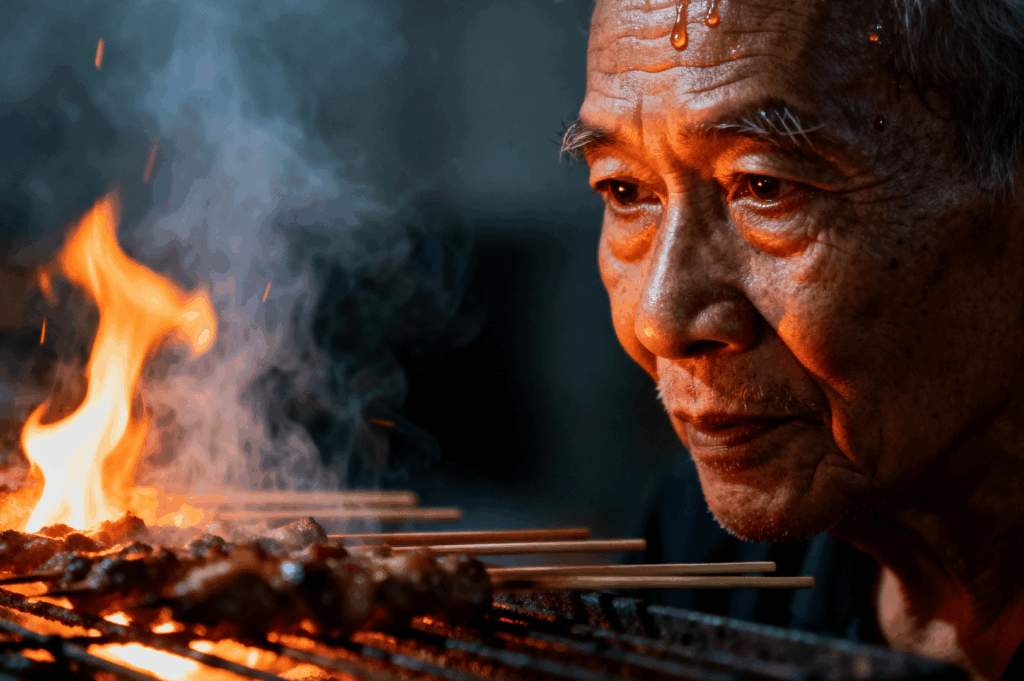 An elderly satay master leans close to a row of skewers grilling over open flame, face bathed in firelight and glistening with sweat. Smoke rises from the sizzling meat, blurring the edges of the scene in a haze of heat and memory. His focused gaze and steady hands reflect decades of dedication—an intimate portrait of culinary legacy forged through repetition, resilience, and reverence.