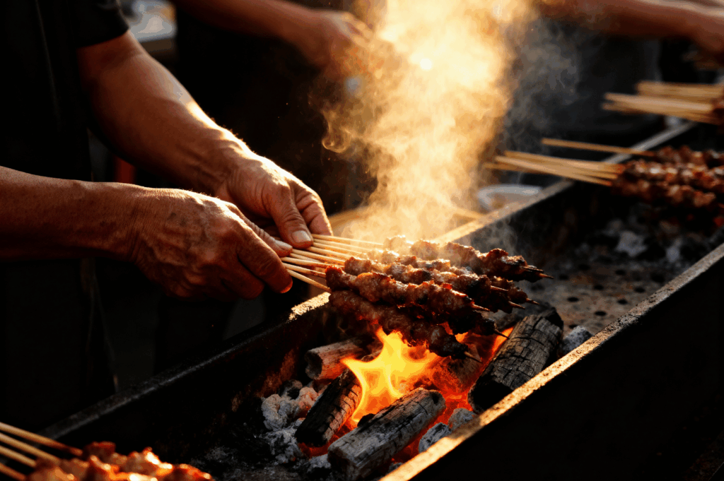 A satay master grips skewers in both hands, guiding them over roaring charcoal flames as smoke billows into the night. The meat glistens with marinade, catching the firelight in flashes of gold and amber. In the background, other grill stations and onlookers blur into a communal haze, amplifying the heat, rhythm, and shared reverence of street-side cooking—a choreography of trust between chef, fire, and tradition.