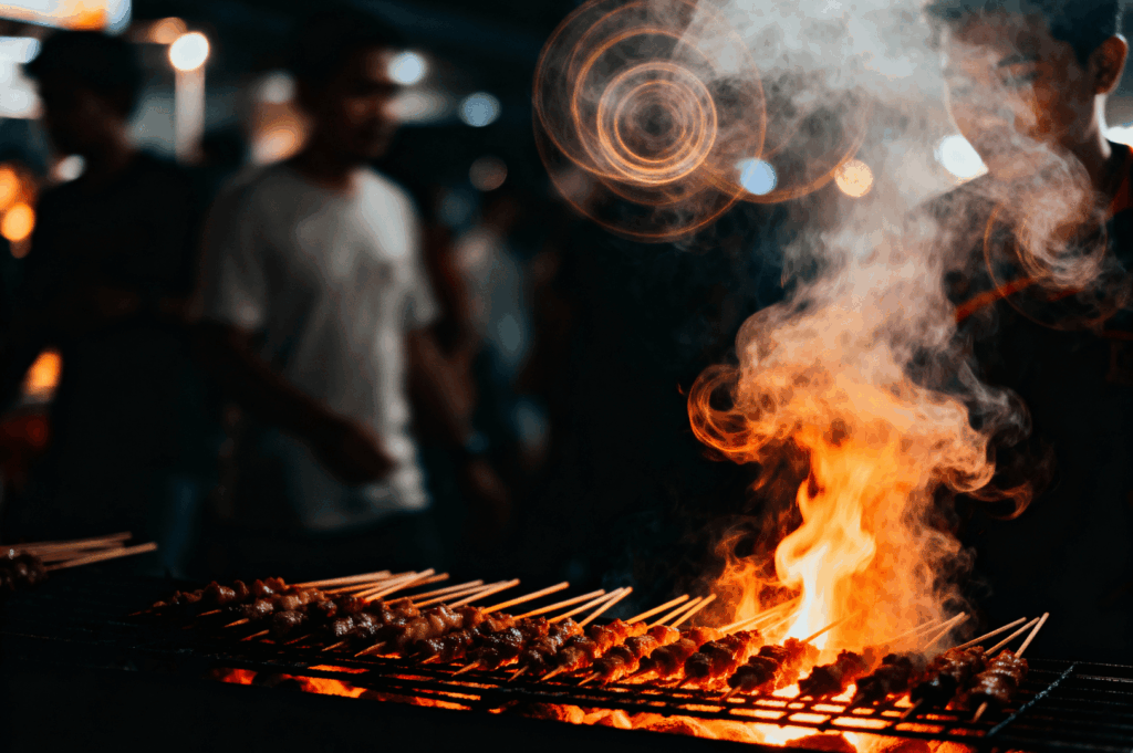 Rows of satay skewers blaze over a roaring street-side grill, flames licking upward as thick smoke swirls into the humid night. Circular light flares punctuate the haze, casting a cinematic glow over the bustling crowd in the background. The scene pulses with heat, rhythm, and shared anticipation—an immersive portrait of Singapore’s legendary satay ritual, where fire becomes both spectacle and sacred craft.