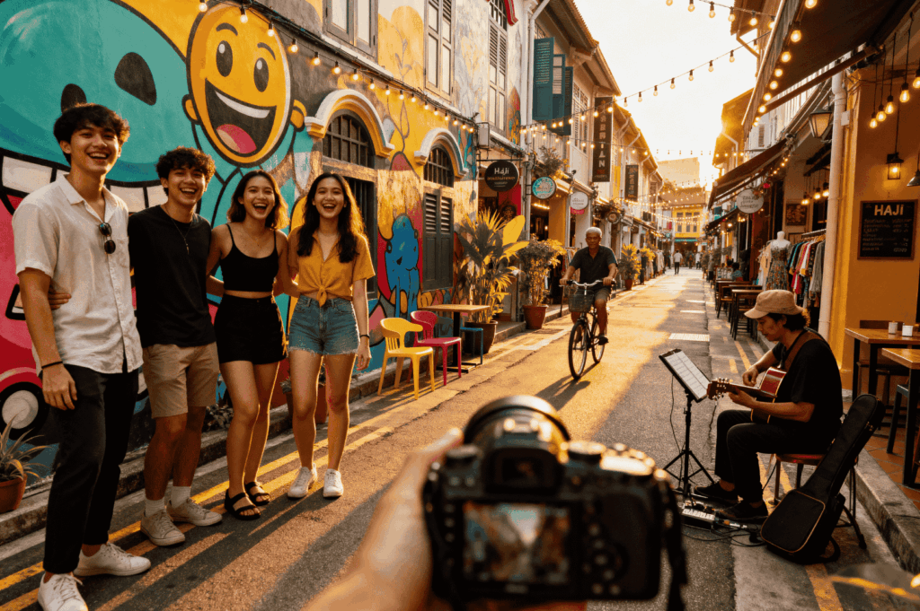 Late afternoon at Haji Lane, Singapore—group of young friends pose joyfully amid vibrant murals and eclectic street decor. Foreground shows a photographer capturing the moment, while a cyclist and guitarist animate the background. String lights overhead and colorful chairs enhance the festive, bohemian vibe. Ideal for candid portraits and storytelling angles that highlight community and urban artistry.