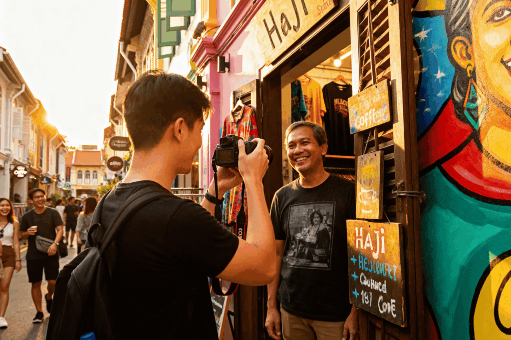 Golden hour at Haji Lane—young photographer captures a joyful portrait of an older man posing in front of a mural-covered shop with vibrant signage. Brightly painted buildings and bustling foot traffic frame the scene, highlighting candid street interactions and the cultural warmth ideal for storytelling compositions.