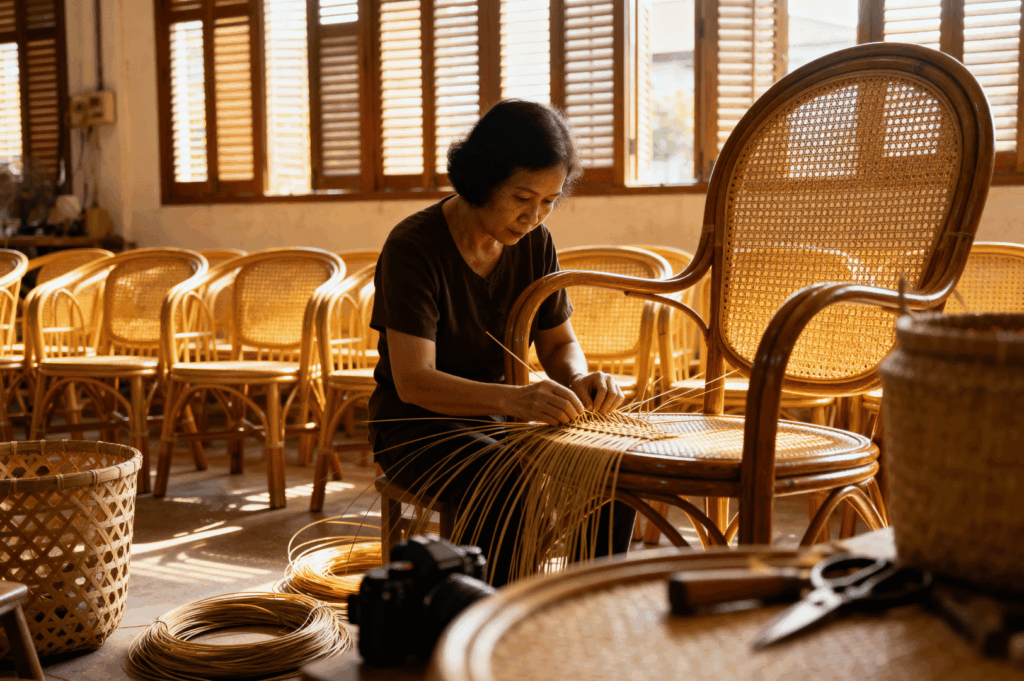 A craftswoman weaving a rattan wicker chair by hand, highlighting traditional workmanship in Singapore.