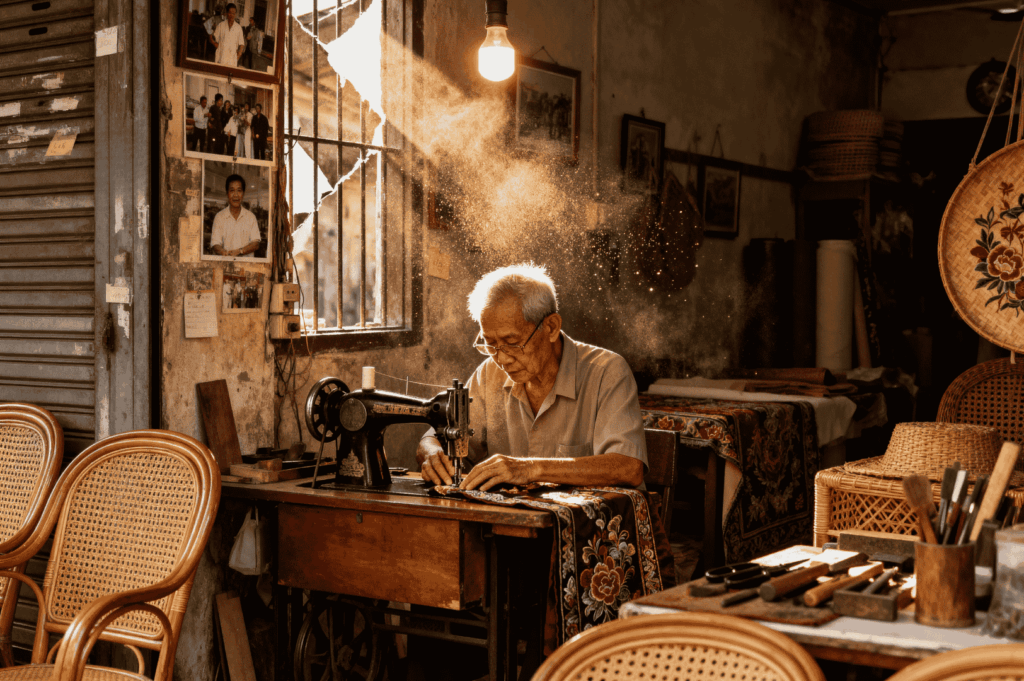 An elderly tailor in a simple workshop carefully stitching fabric on a vintage sewing machine, documenting a fading craft in Singapore.