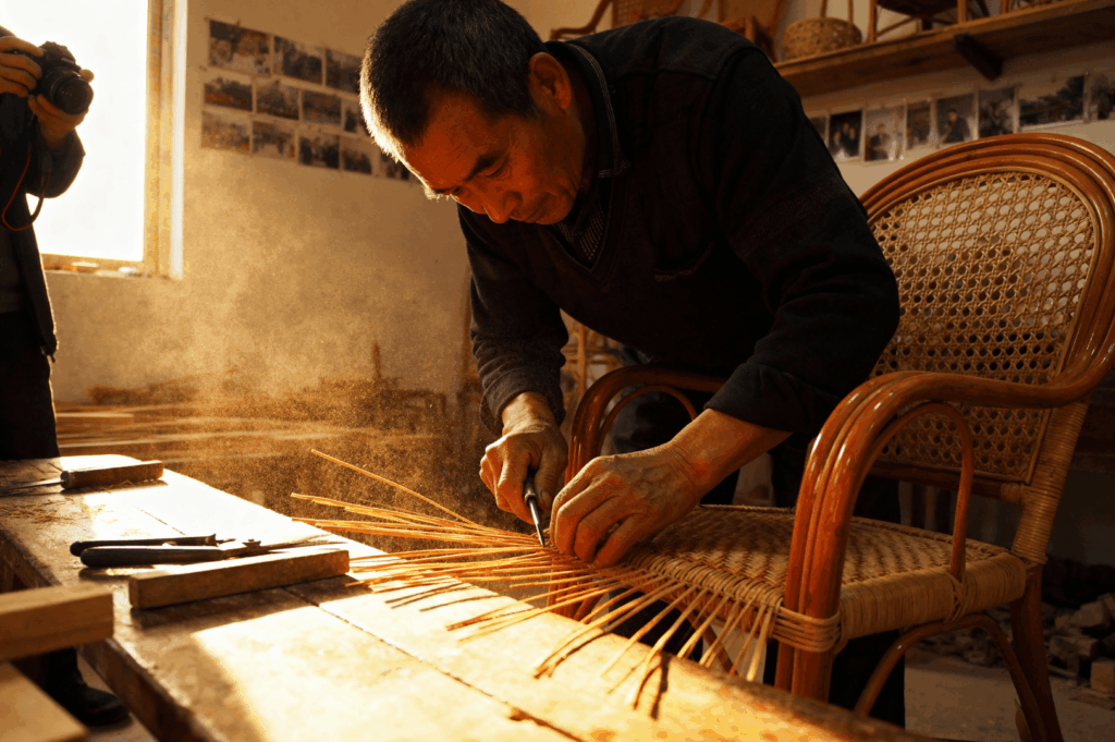 A craftsman shaping a wooden chair in a small workshop, highlighting traditional woodworking tools and techniques—part of Singapore’s vanishing trades.