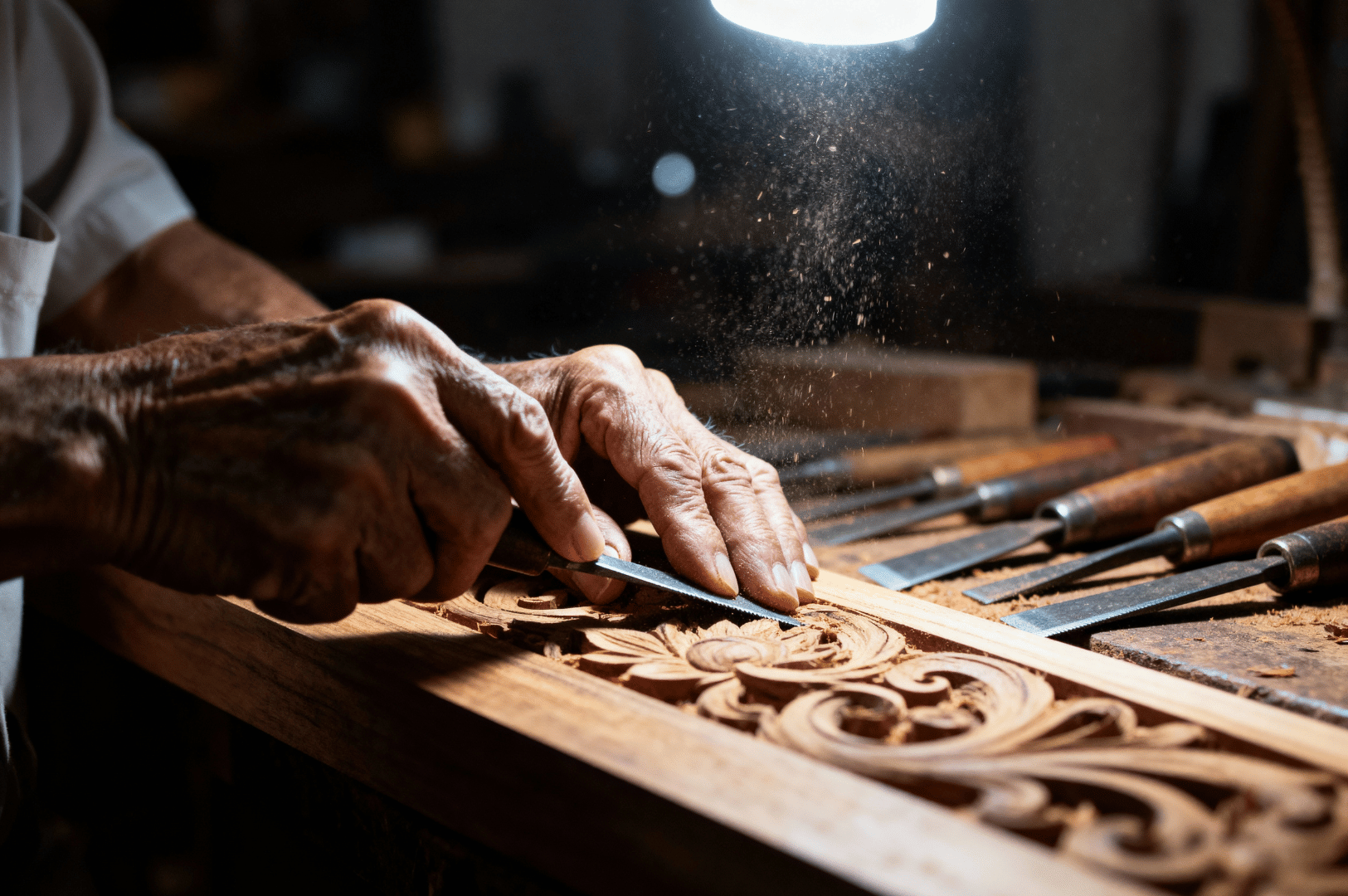 Close-up of an elderly craftsperson hand-carving an ornate wooden panel in a Singapore workshop, wood shavings catching the light.