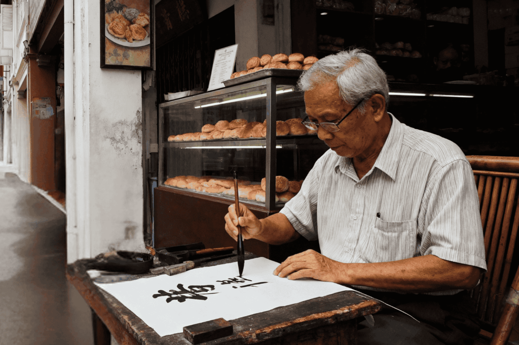 Elderly calligrapher seated outside a bakery in Singapore, painting Chinese characters on white paper with a brush.
