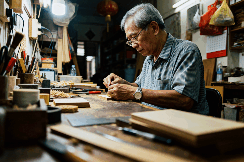 Elderly woodworker in a small Singapore workshop carefully carving a piece by hand, surrounded by tools and warm light