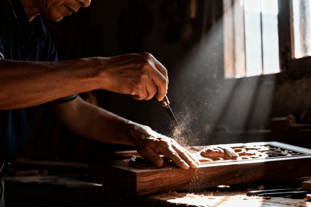 Close-up of an elderly craftsman hand-carving wood in warm sunlight, wood dust floating in the air—Singapore’s traditional craft practice.