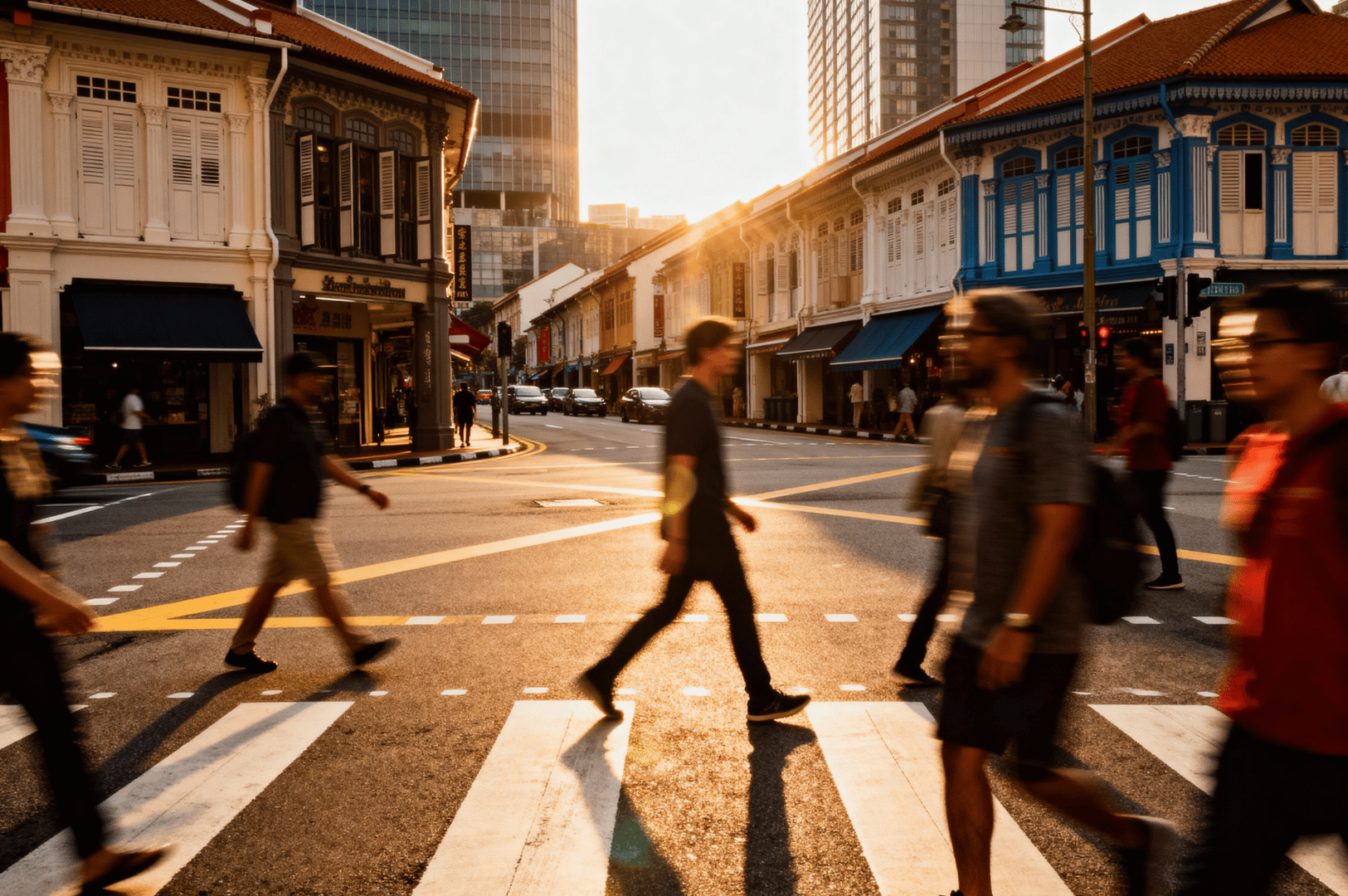 Sunset street scene in Singapore’s bustling district with pedestrians crossing a vibrant shophouse-lined road, capturing ethical street photography in dynamic urban light.