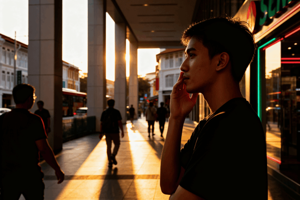 Young Singaporean silhouetted in golden sunset light, speaking on the phone in a modern corridor with colonial architecture and neon storefronts—capturing ethical street photography in transitional urban spaces.