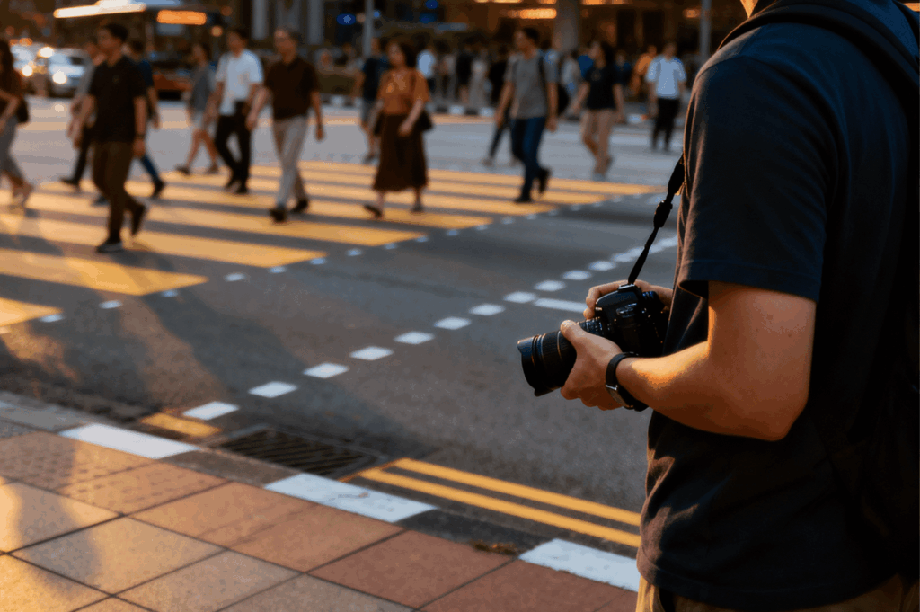 Street photographer poised at Singapore crosswalk during golden hour, capturing ethical urban moments amid pedestrian flow and bold city textures.