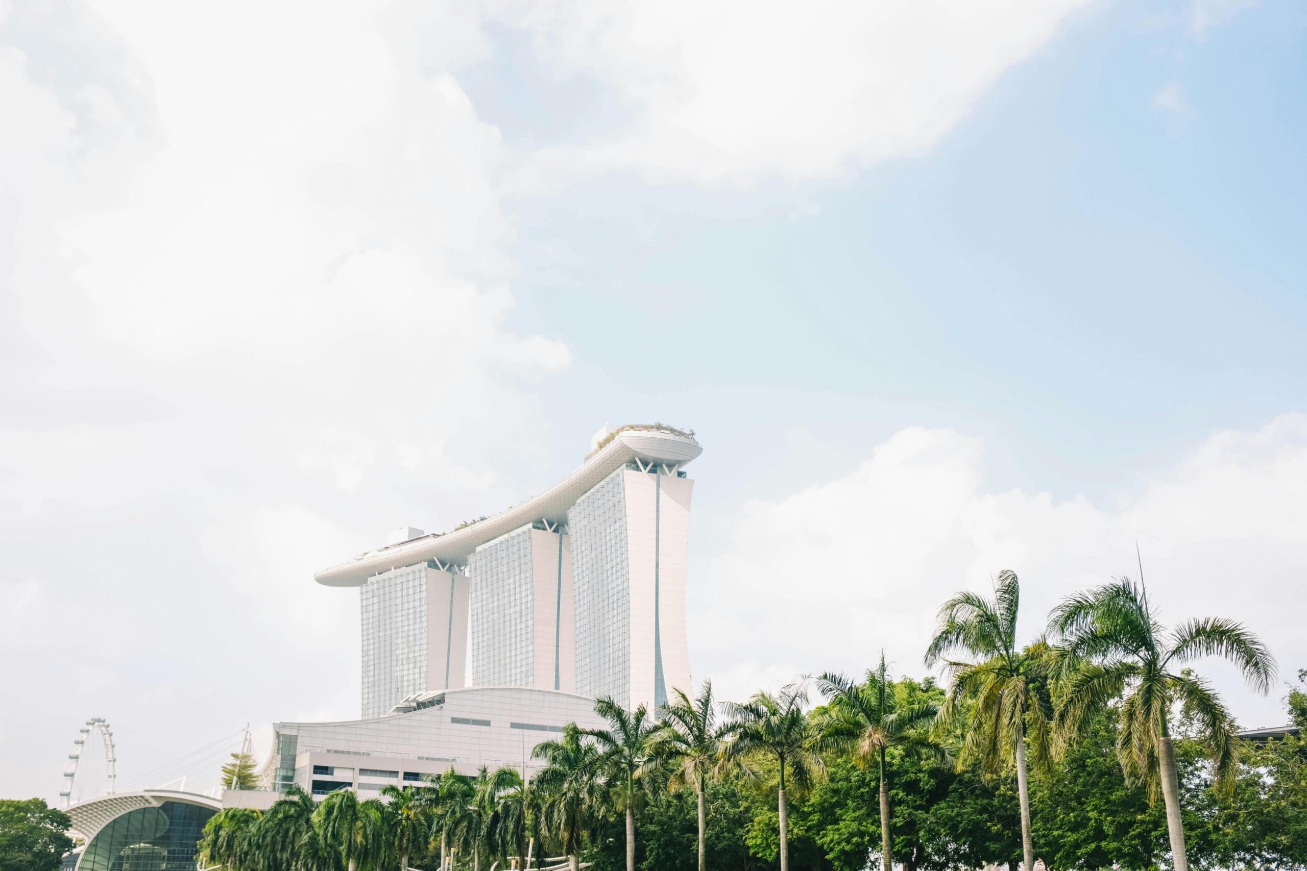 This bright, airy photo features the iconic Marina Bay Sands hotel towering over a line of lush green palm trees against a pale, cloudy sky. To the left, the Singapore Flyer Ferris wheel and the curved roof of the ArtScience Museum are visible in the distance, completing the famous modern skyline.