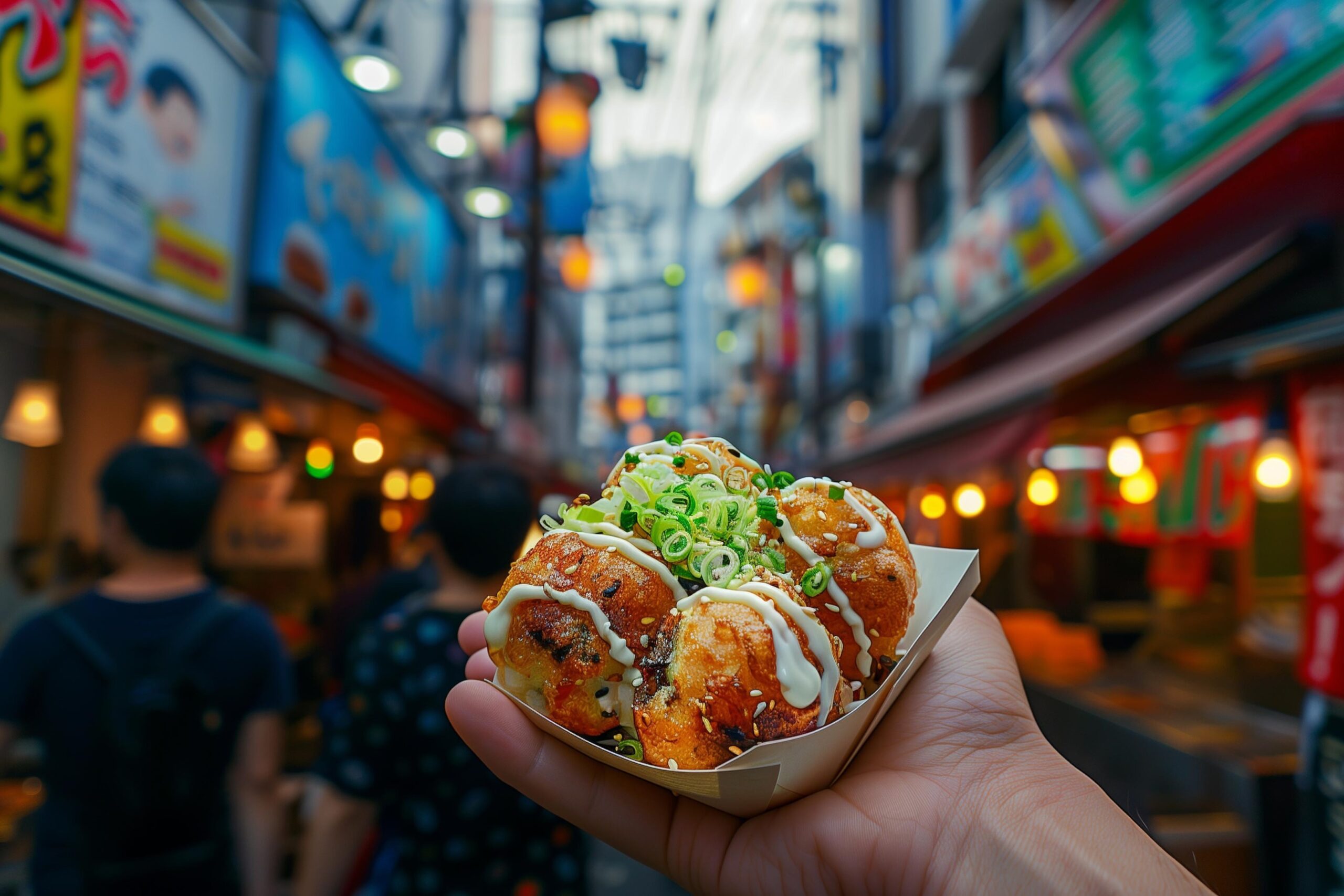  This image is a close-up, first-person view of a hand holding a paper tray of Takoyaki (Japanese octopus balls) topped with mayonnaise, sauce, and chopped green onions.