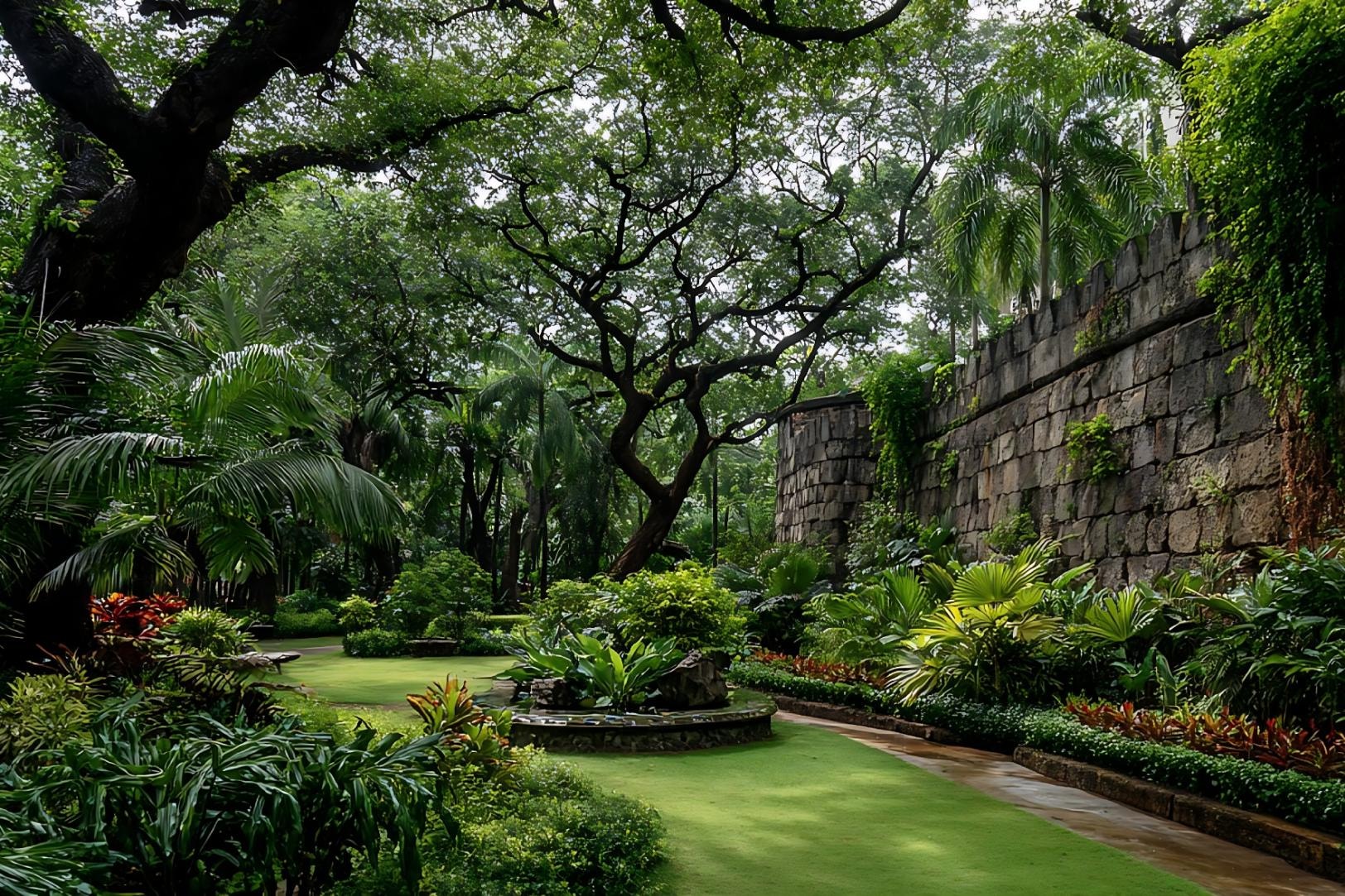 A high, weathered stone wall lines the right side of a lush garden, contrasting with the vibrant green of manicured lawns and tropical undergrowth. Majestic trees with sprawling, intricate branches stretch overhead to create a natural canopy, shading the winding pathway below.