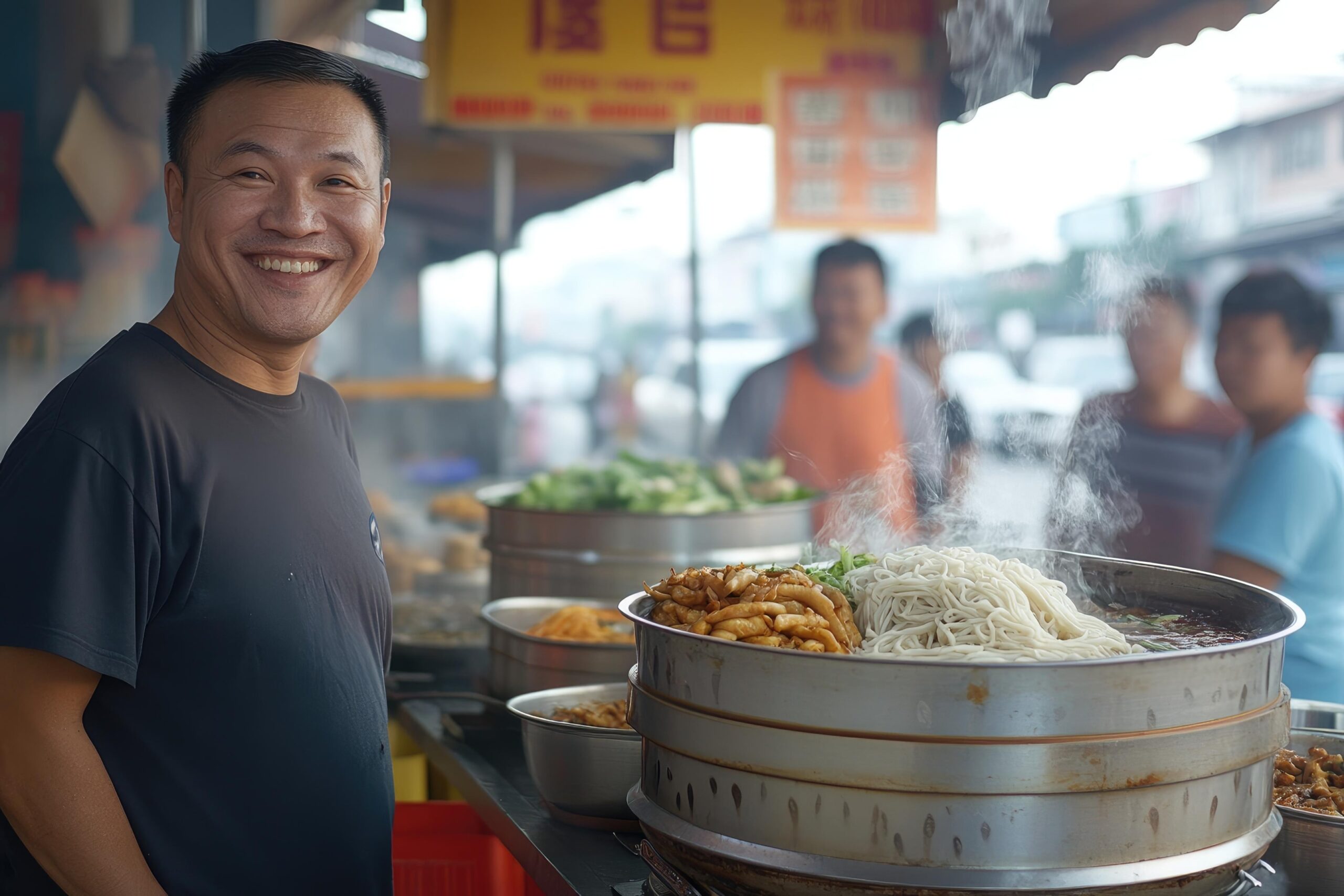 A smiling street vendor stands beside a large metal steamer filled with noodles and toppings, with steam rising from the freshly cooked food. The background features a bustling outdoor market scene with blurred figures and yellow signage, capturing the lively atmosphere of the stall.