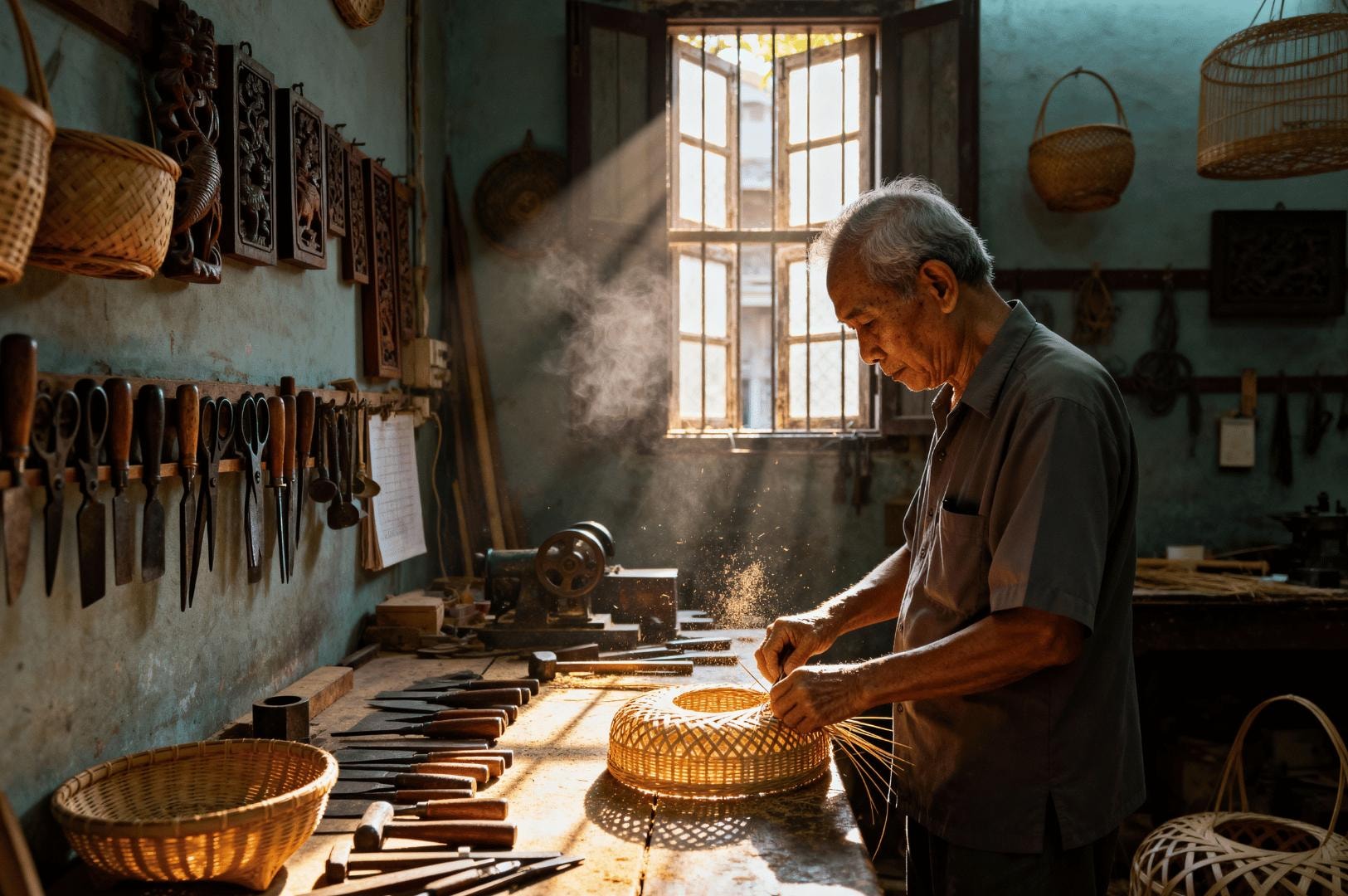 An elderly craftsman works at a wooden bench in a sunlit workshop, carefully weaving a traditional bamboo basket. Dust motes dance in the light streaming through the window, illuminating his specialized tools and the various finished baskets hanging from the walls.