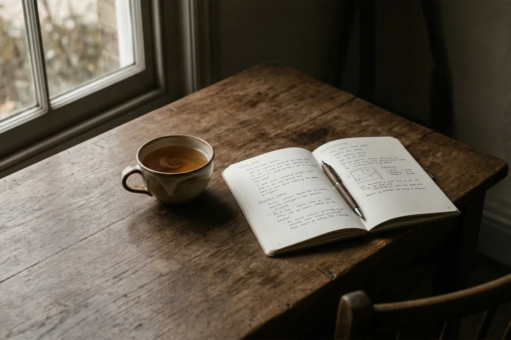 A rustic wooden table featuring an open notebook with handwritten notes, a wooden pen, and a ceramic mug of warm tea near a window with soft morning light.