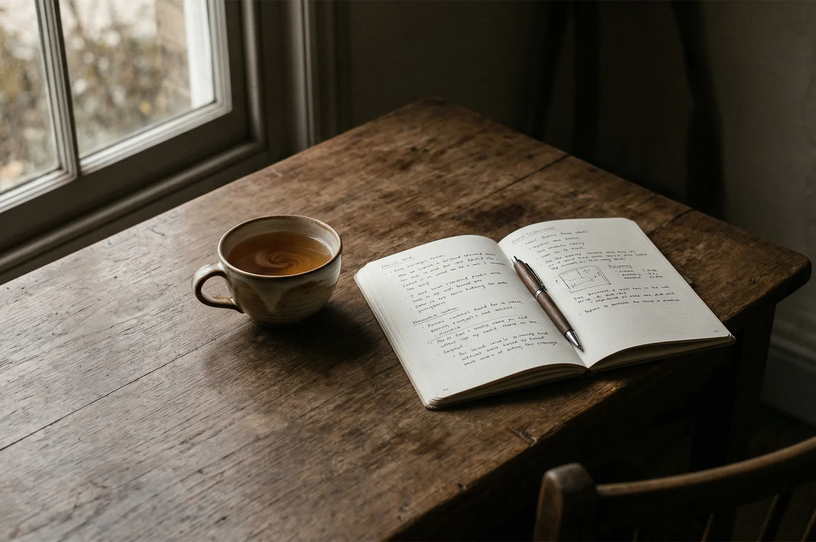 A rustic wooden table featuring an open notebook with handwritten notes, a wooden pen, and a ceramic mug of warm tea near a window with soft morning light.