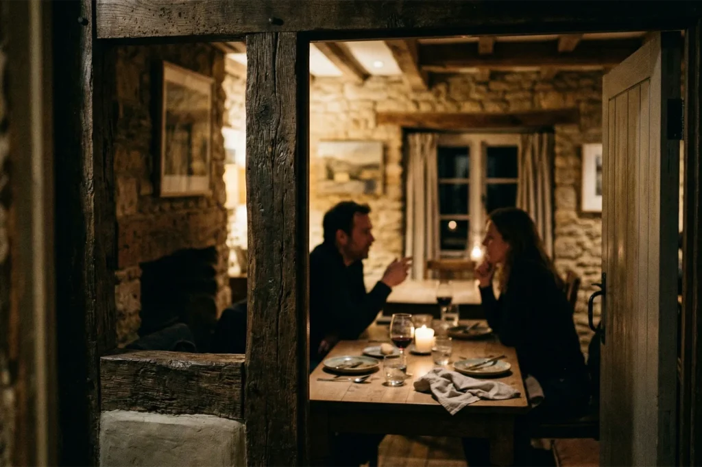 A couple enjoying a candlelit dinner inside a cozy, rustic stone cottage with exposed wooden beams and warm, intimate lighting.