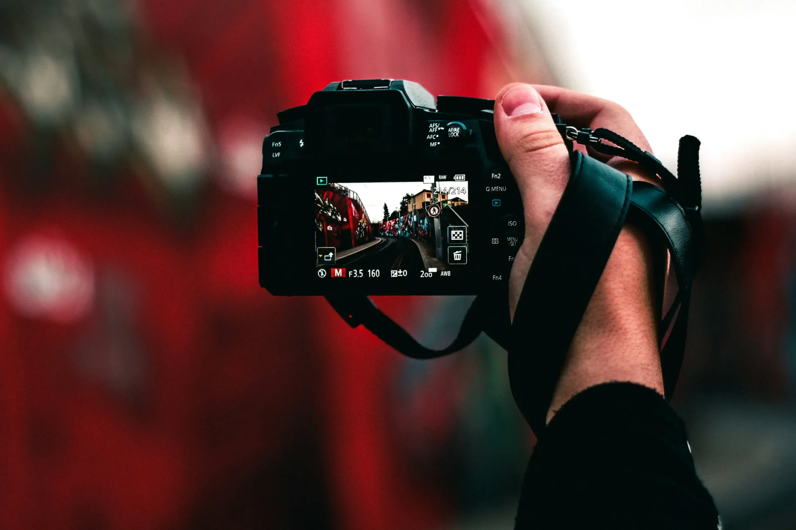 A hand holds a black mirrorless camera, framing a shot of a narrow street lined with colorful graffiti against a blurred red background. The camera's digital display shows the active composition along with manual settings like an aperture of f/3.5 and an ISO of 200.