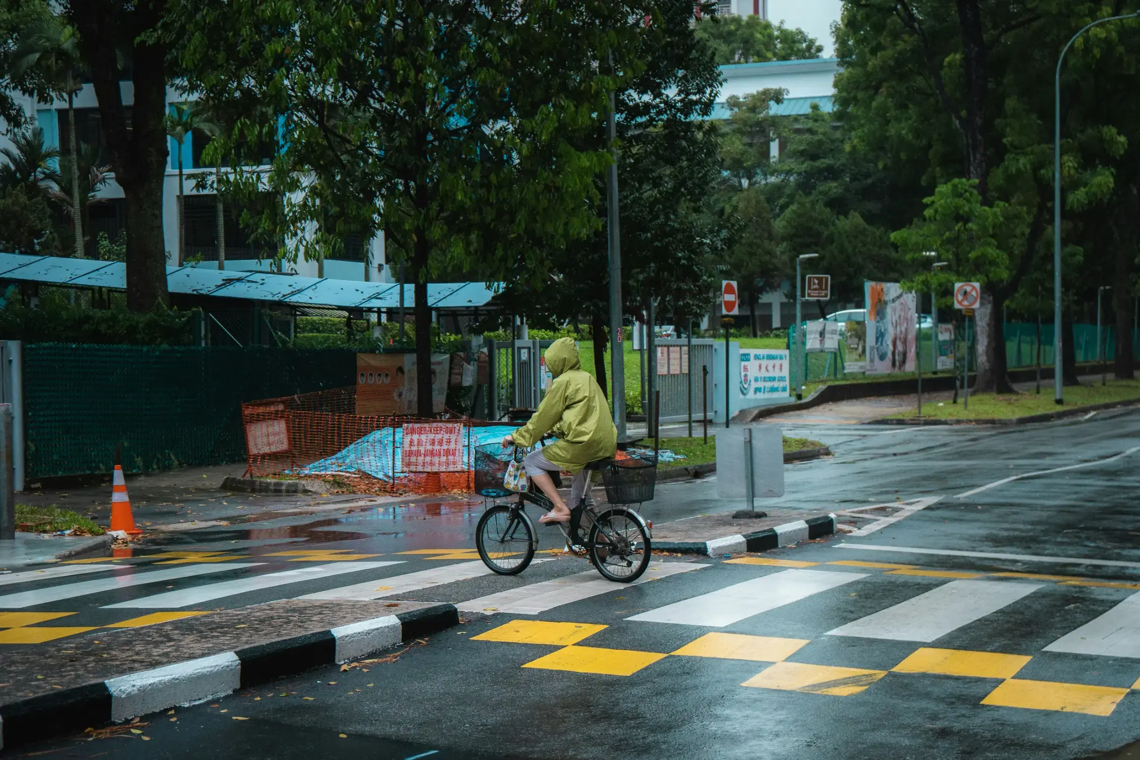 A person in a bright lime-green raincoat cycles across a wet, zebra-striped crosswalk on a rainy day. The urban scene is framed by lush green trees and damp pavement reflecting the overcast sky.