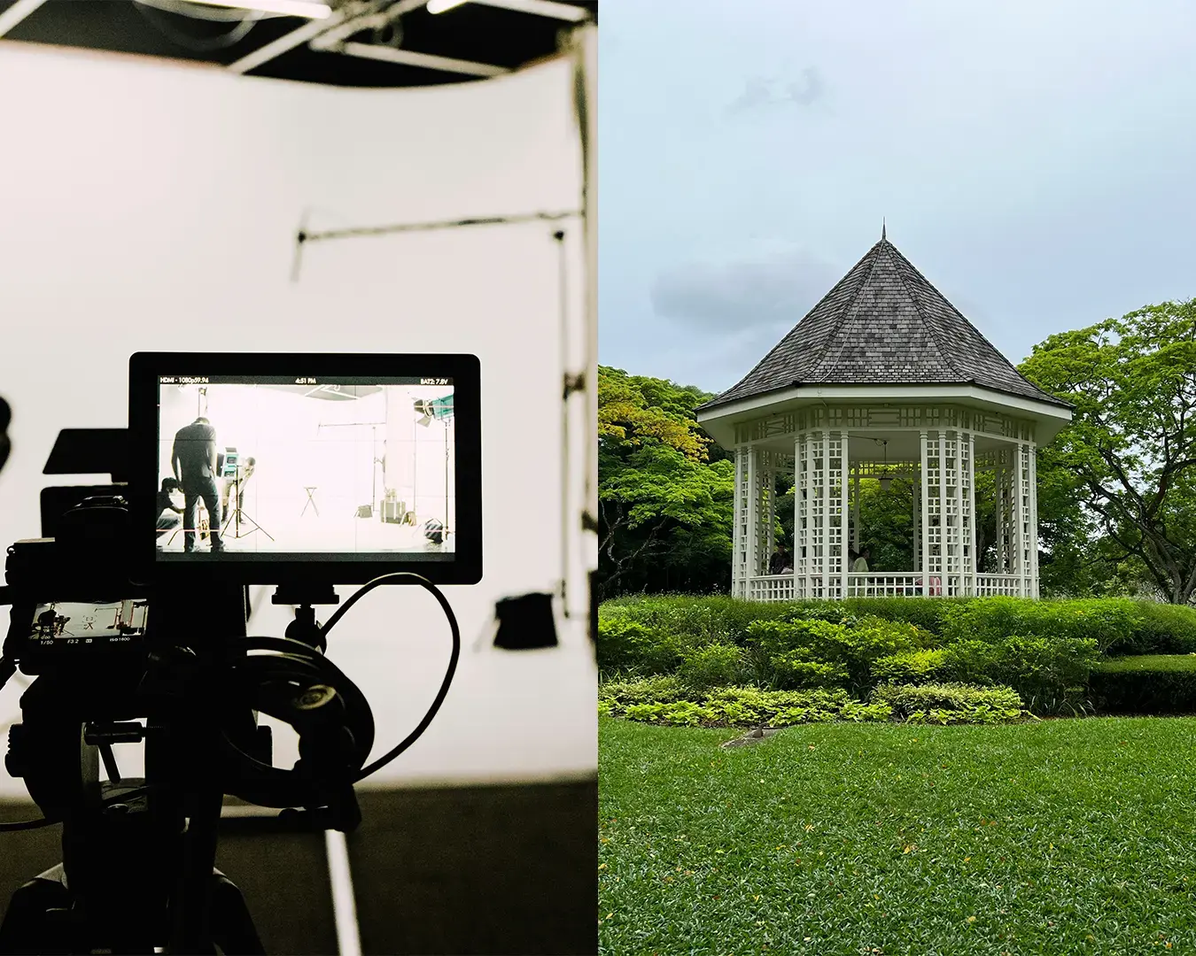 A split image: left shows an indoor video camera setup filming a person; right displays a tranquil garden with a white gazebo and lush greenery.