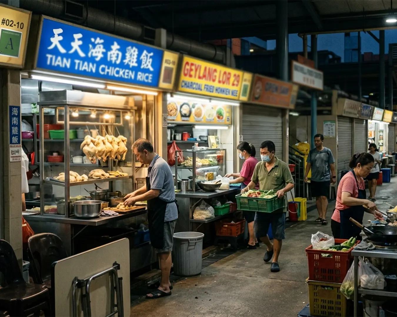A hawker center scene showing vendors preparing food at their stalls with hanging chickens, colorful signage, and people carrying ingredients.
