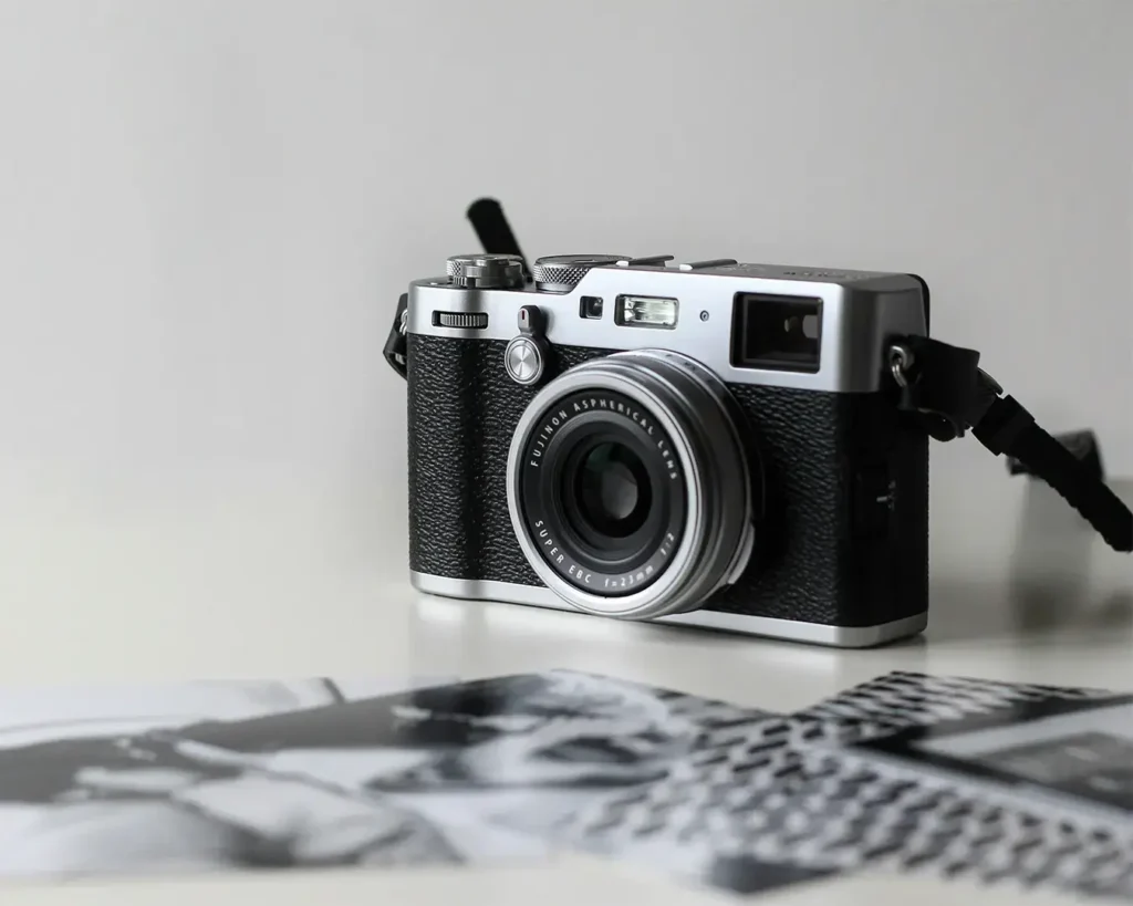 A vintage-style camera with a black textured body and silver lens sits on a white surface. In the foreground, blurred black-and-white photos are scattered.