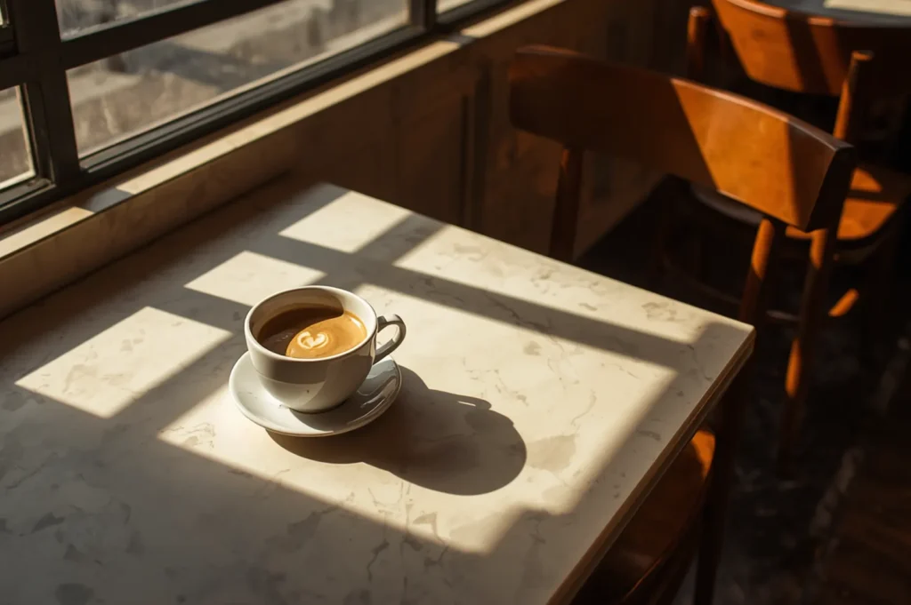 Coffee cup on marble table with window light casting sharp shadows.