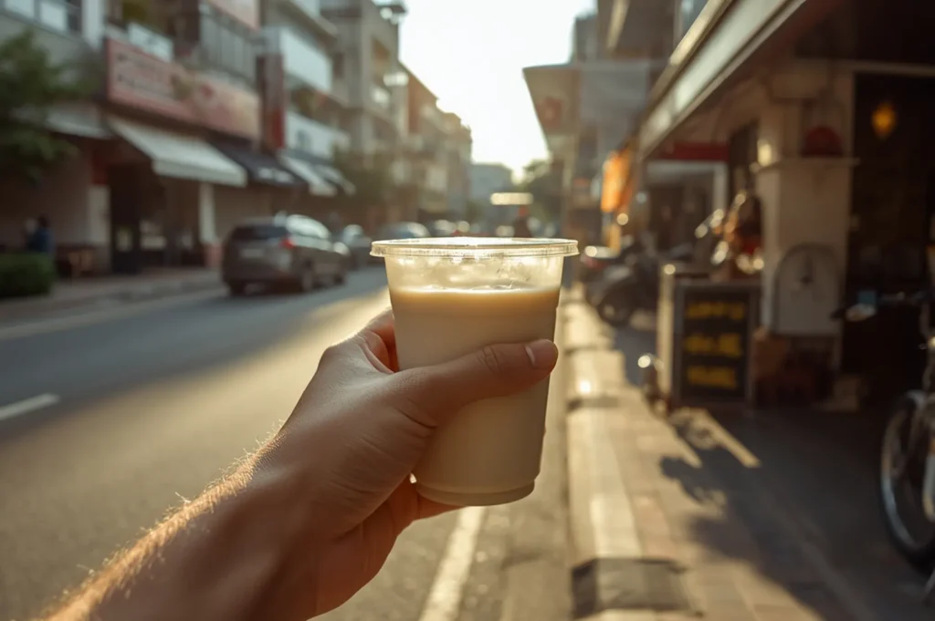Hand holding a cup of fresh soya milk on a Singapore street in the morning.