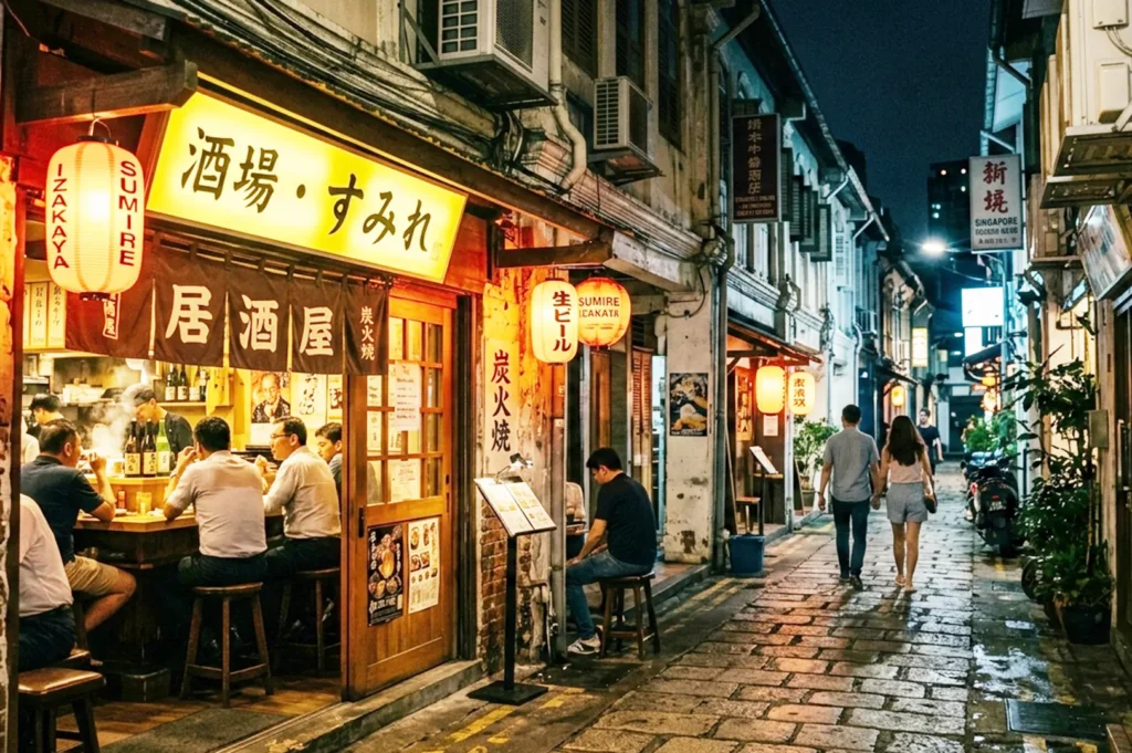 Izakaya on a wet Tanjong Pagar street at night, with warm lantern light and diners at the counter.