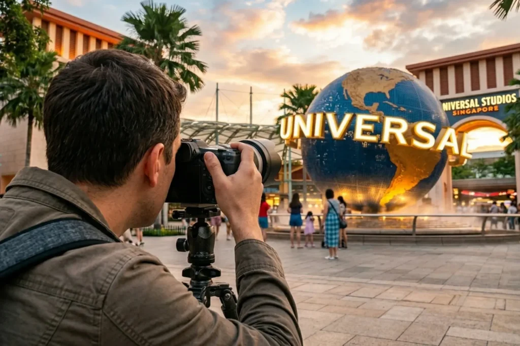 A professional photographer with a high-end DSLR camera, focusing on the iconic Universal Studios Singapore globe at the entrance.
