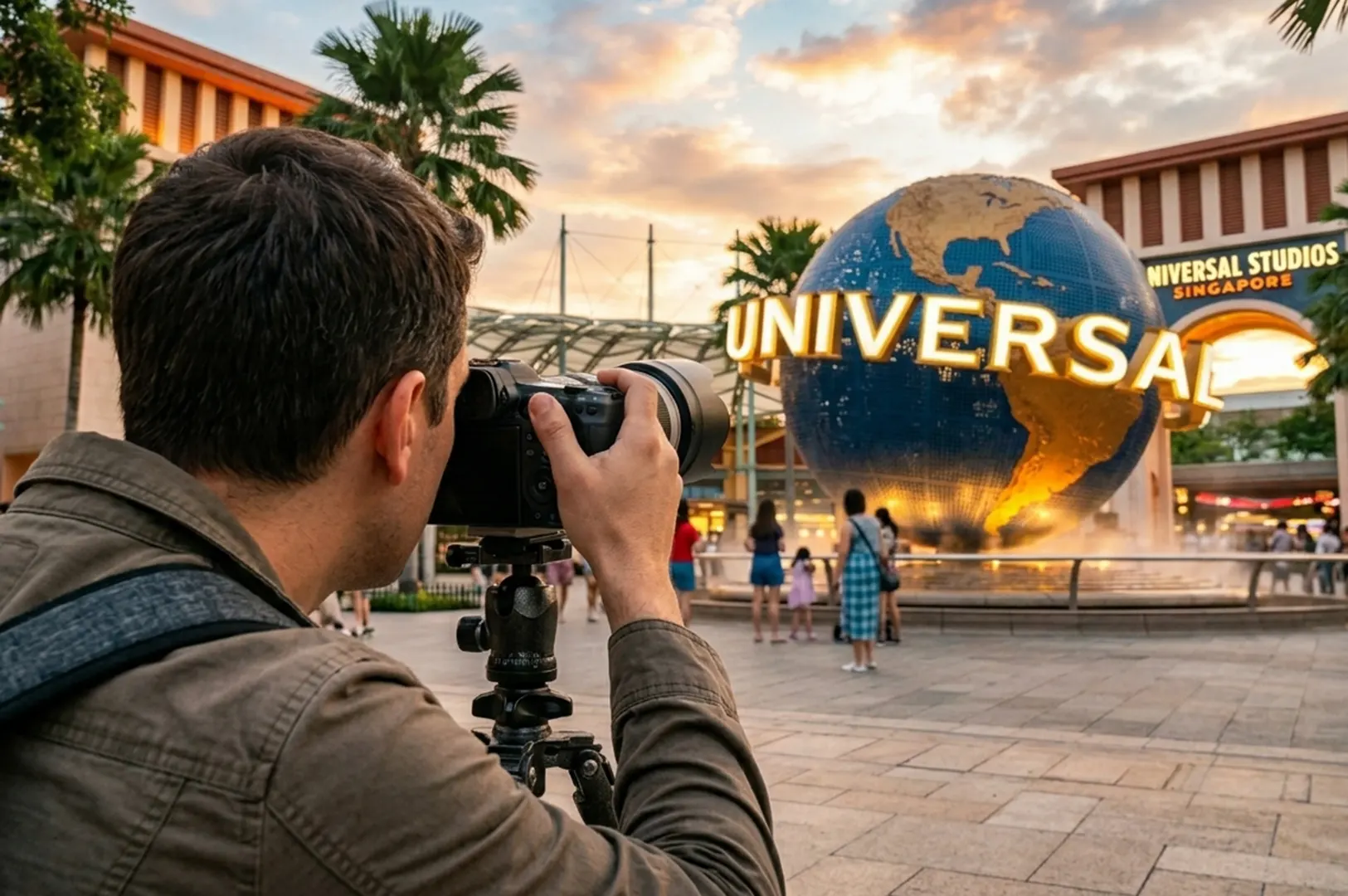 A professional photographer with a high-end DSLR camera, focusing on the iconic Universal Studios Singapore globe at the entrance.