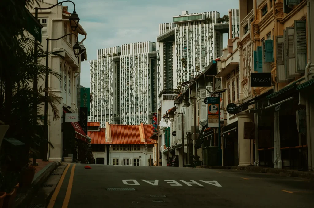 Singapore street with shophouses and modern towers in background.
