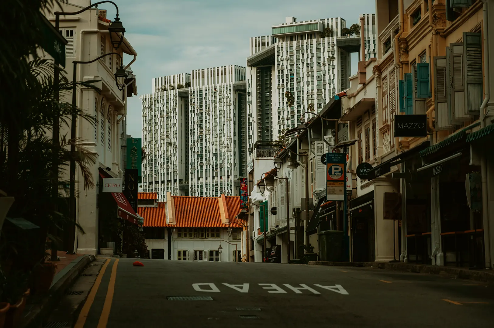 Singapore street with shophouses and modern towers in background.