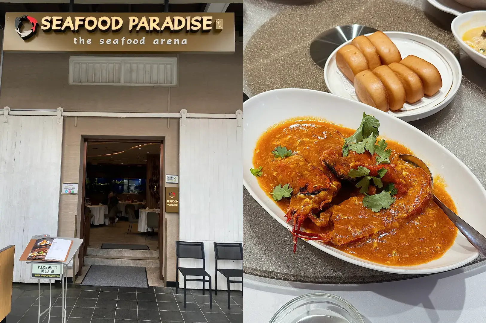 Seafood Paradise entrance and chili crab with mantou.