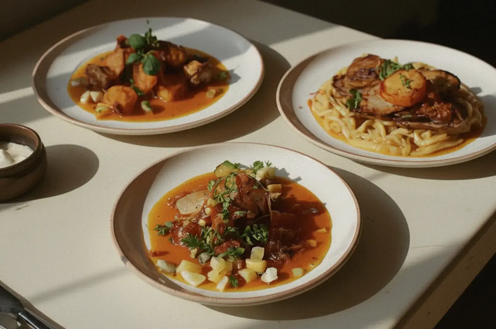 Three plated restaurant dishes on a sunlit table with a warm, grainy editorial look.