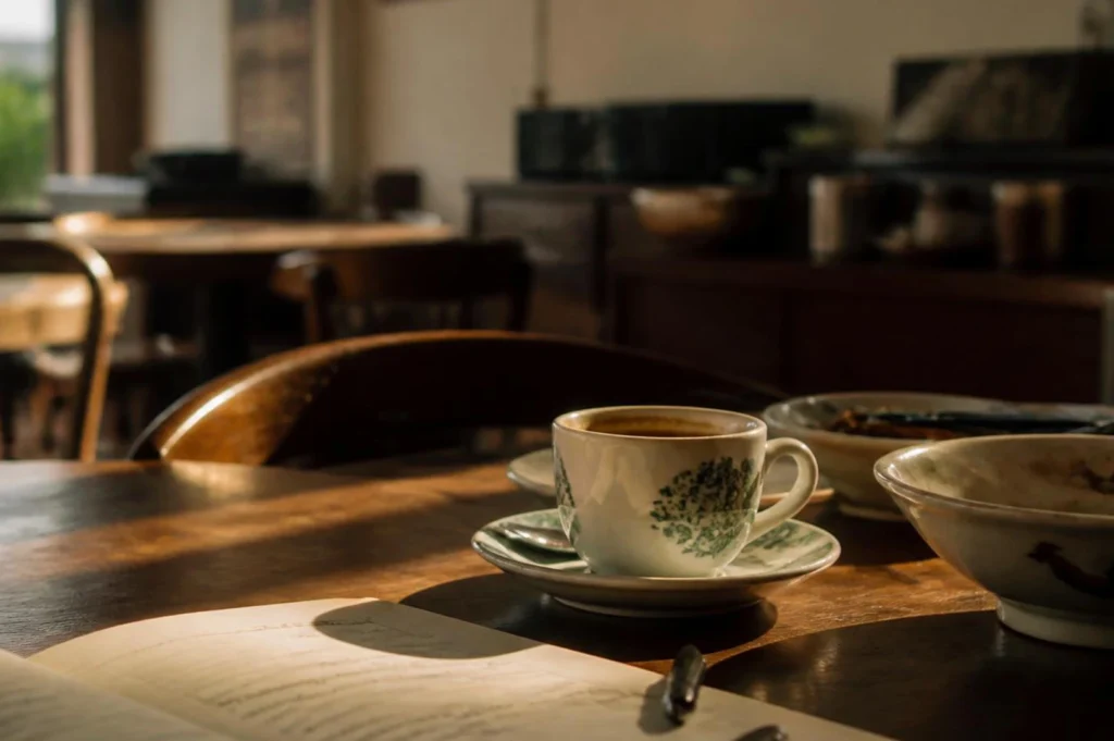 Coffee cup and open book on wooden table with afternoon light.
