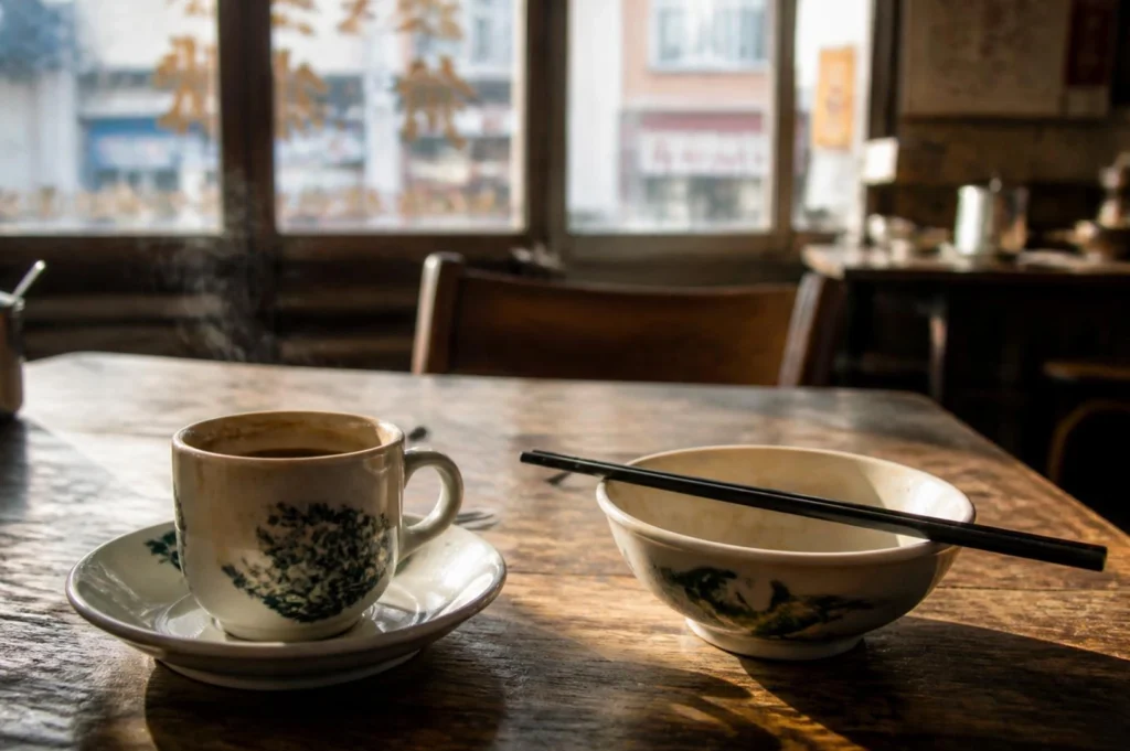 Empty kopitiam table with traditional patterned kopi cup on saucer and empty bowl with chopsticks, warm morning light streaming through windows onto worn wooden surface.