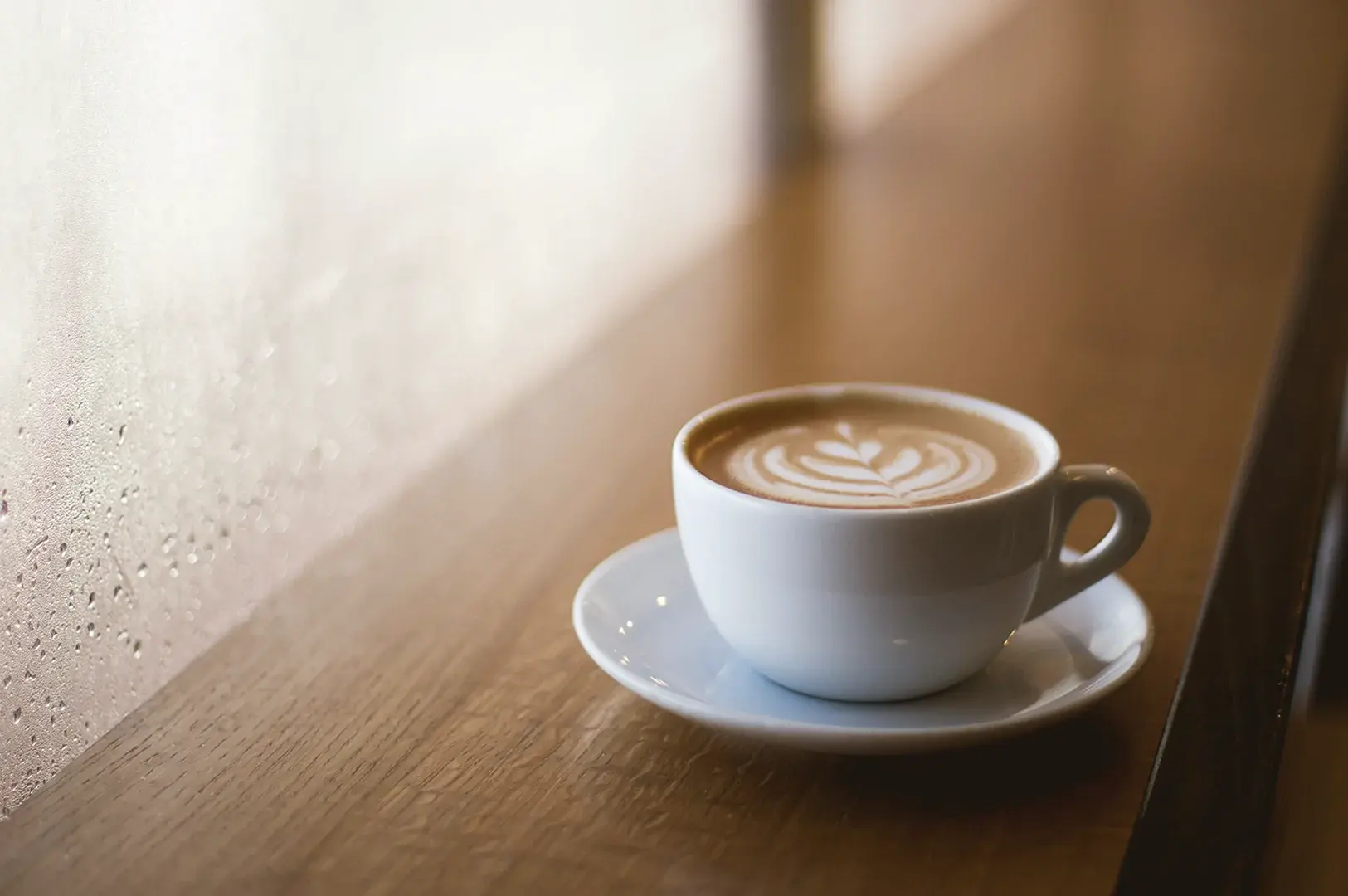 White ceramic cup of latte with rosetta latte art on saucer, placed on wooden table beside a window in soft natural light.