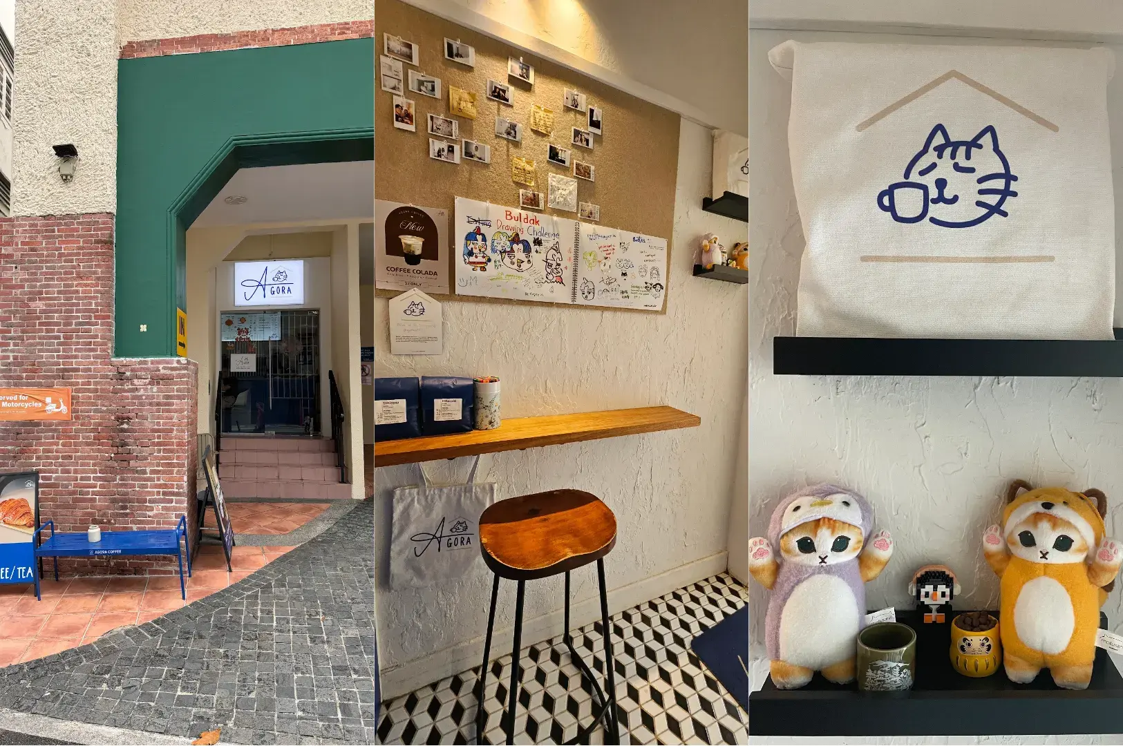 Agora Coffee shopfront with teal awning, interior counter with cat drawing, wooden bar seating, and shelf display with cat plush toys.